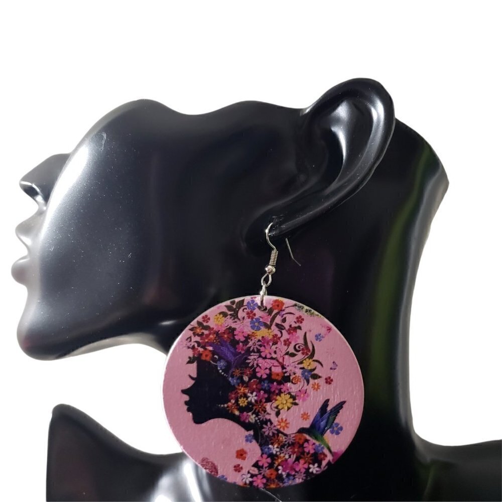 Womens Pink Wooden Round Floral African American Retro French Hook Earrings